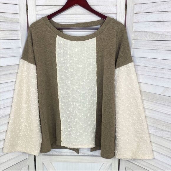 POL Open Tie Back Sweater Bell Sleeve Color Block Brown Cream Large - Picture 8 of 13